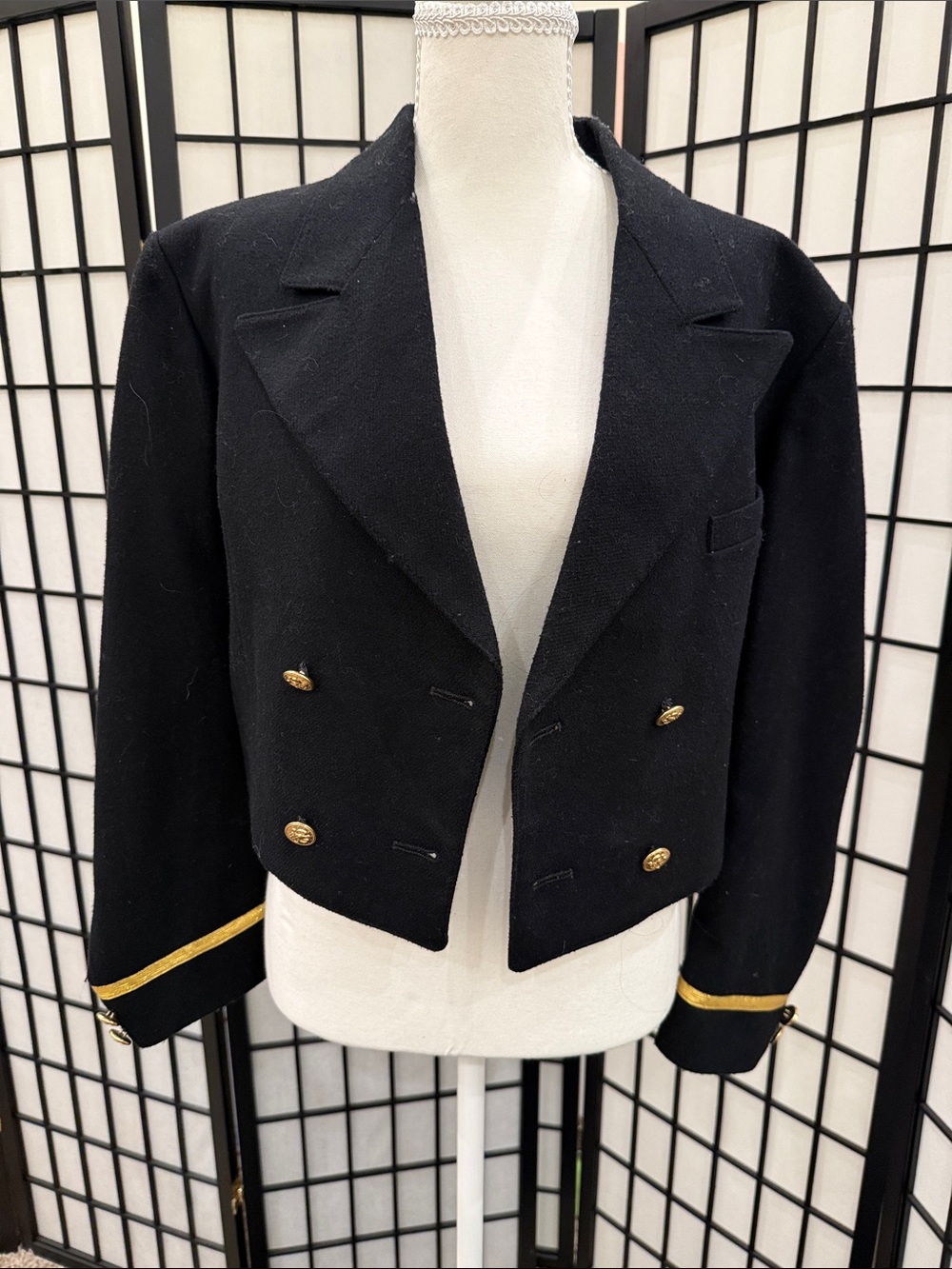 Forenza Black Cropped Double-Breasted Blazer with Gold Trim